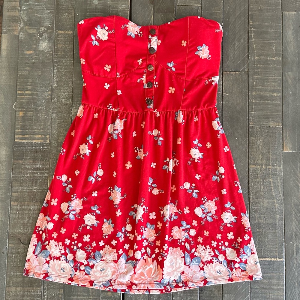 Strapless Red Floral Juniors Button-Front Foam Cup Dress Size XL/XG (15-17) - Picture 1 of 15